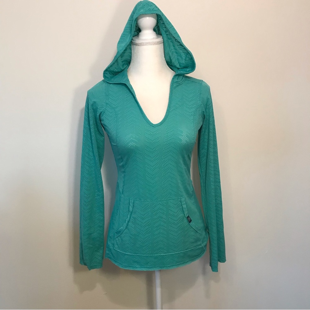 Prana Breathe Turquoise Aqua Cutout Mesh Hoodie Popover Pullover Coverup Small